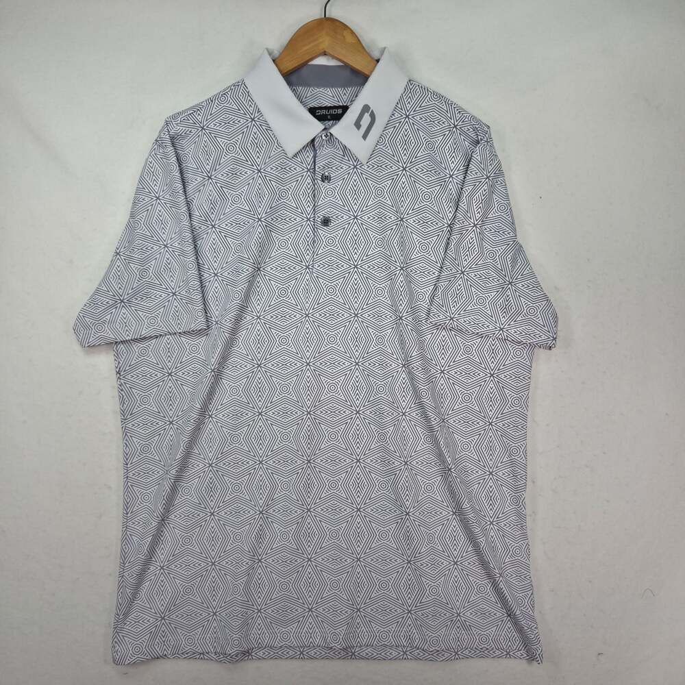 Druids Golf Polo Shirt Mens XL White Grey Geometric Pattern Performance Stretch